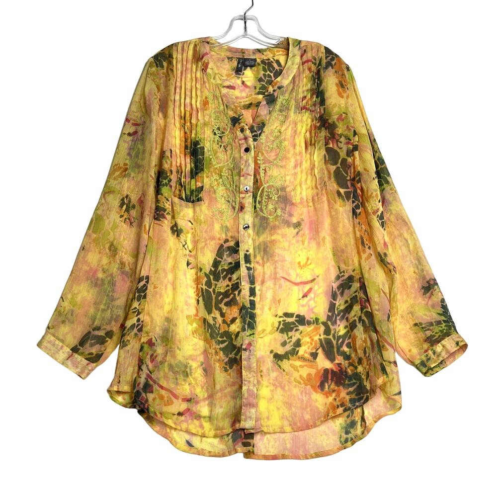 ANU Long Sleeve Embroidered Pleated Sheer Button Up Shirt Yellow Womens Large